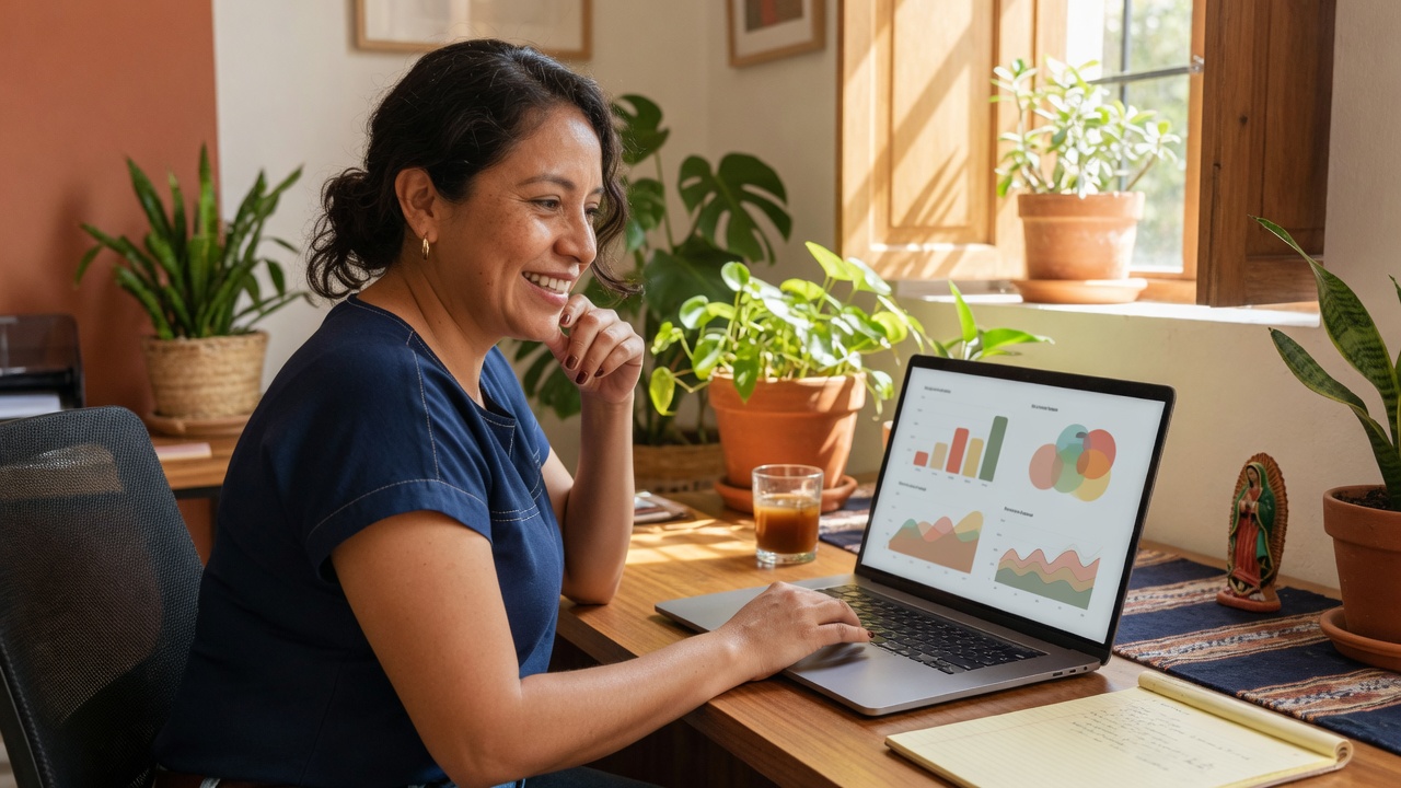 Dueña de PyME mexicana revisando el dashboard de su ERP en la laptop