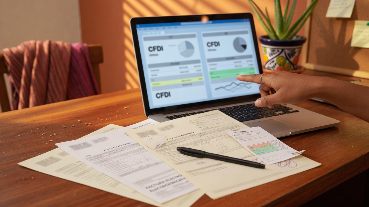 Escritorio con papelería fiscal y laptop — contexto de timbres CFDI