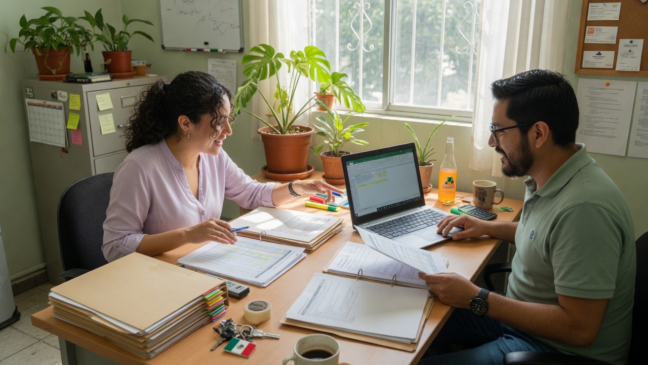 Equipo pasando información de carpetas y reportes a un ERP en la laptop